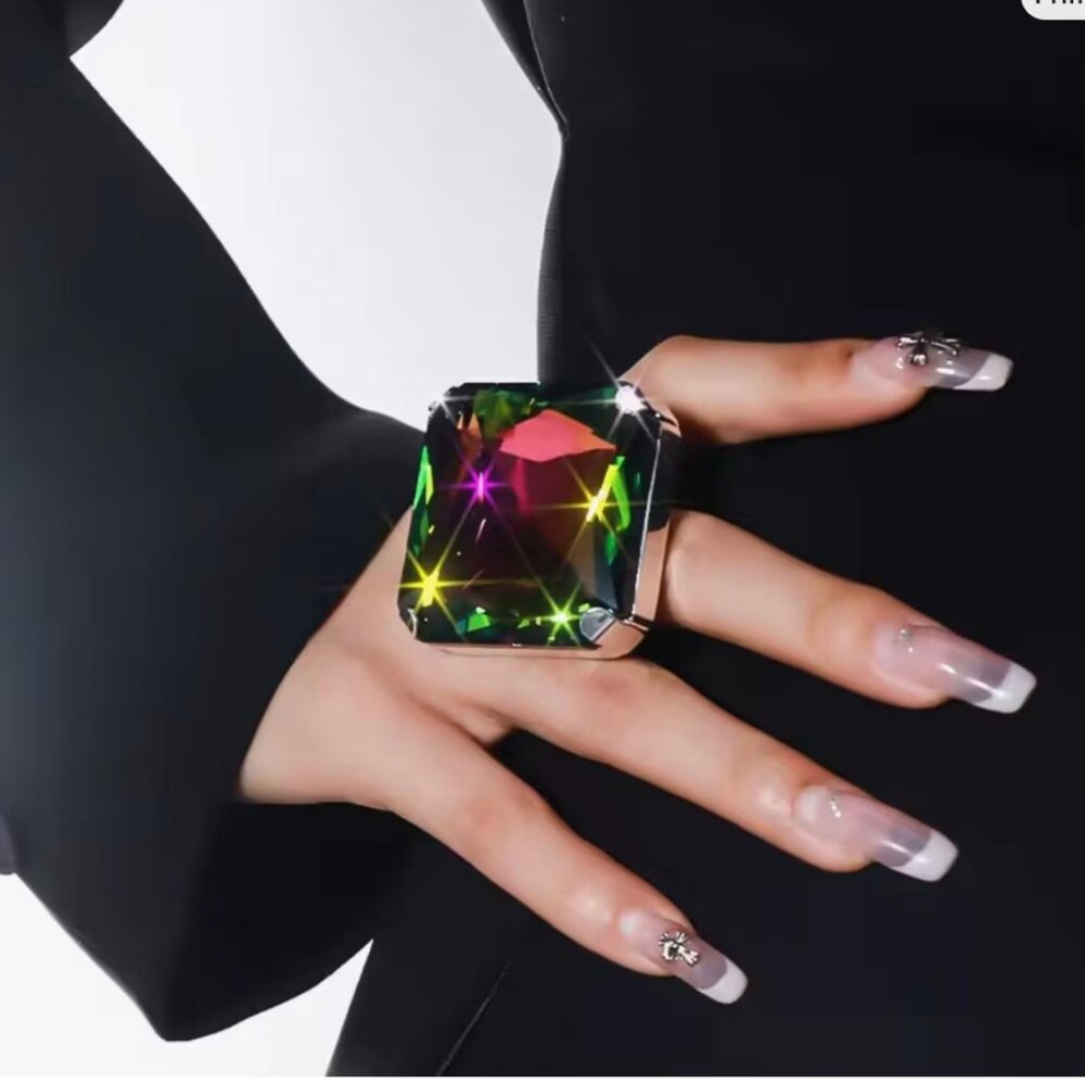 Large Adjustable Champagne OR Multi Color Crystal Statement Ring